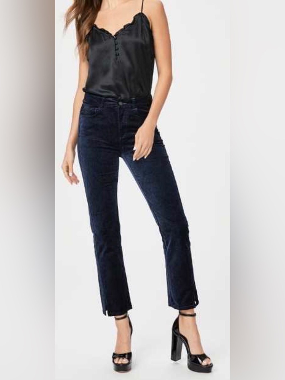 PAIGE Navy Velvet Jeans High Rise Straight Leg
